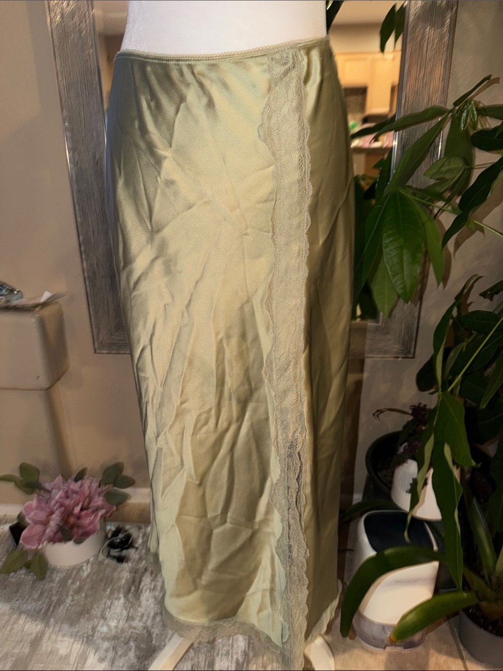 Topshop Olive Satin Slip Skirt with Lace Accent